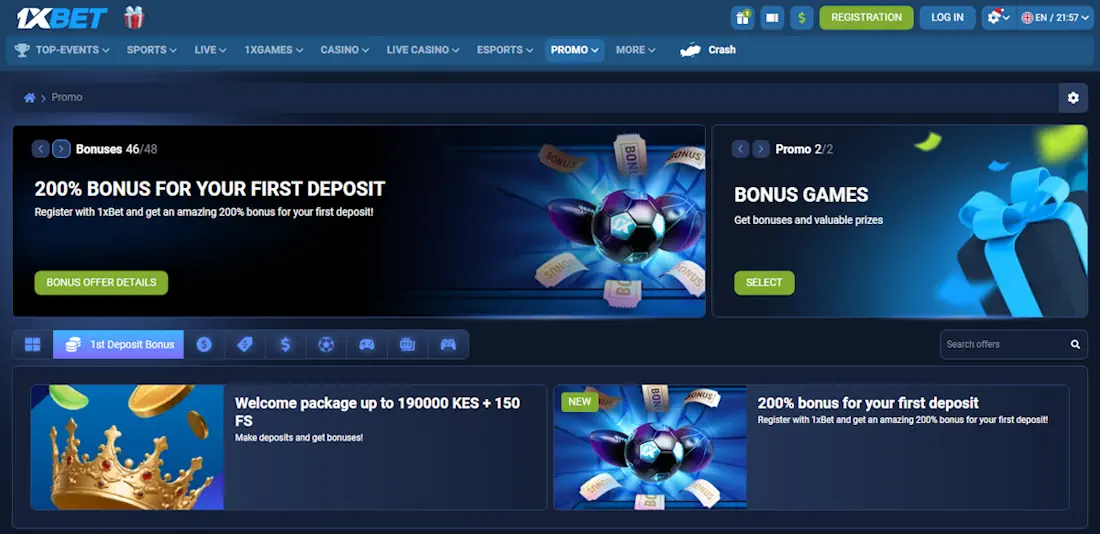 1xBet Welcome Bonuses Screenshot